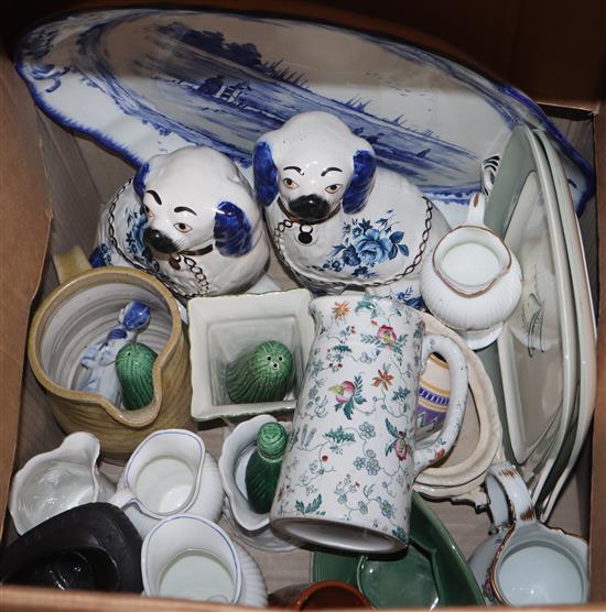 Royal Doulton oval blue and white meat dish, two Continental porcelain figures, a pair of Staffs dogs, Imari dish etc.